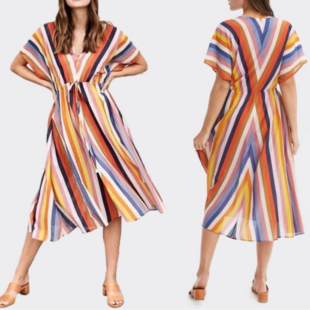 Xirena Grayson Silk | Cotton Lightweight MIDI Dress In Sorrento Stripe Size S